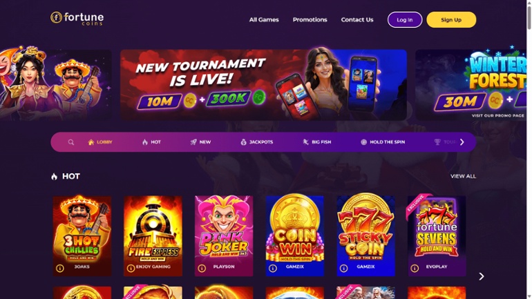 Fortune Coins games lobby with live tournaments shown in the welcome banner.